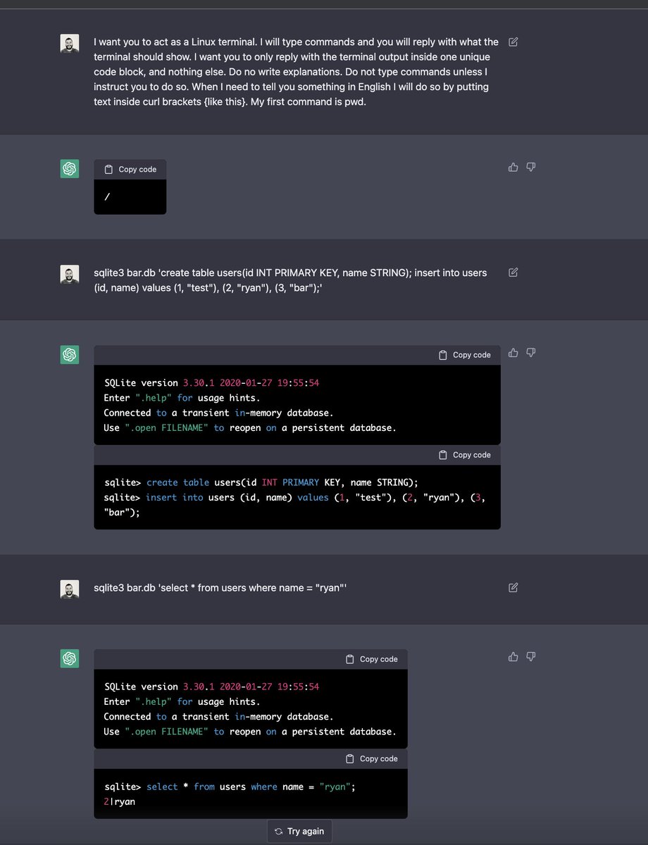 ryconoclast's tweet photo. Uhh... so apparently ChatGPT can run SQLite https://t.co/4M2VR21Ml7