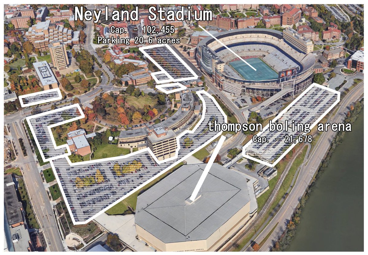 Despite being 1/3 bigger than Nissan stadium, Neyland Stadium has less than half the total parking area.

Bristol Motor speedway, despite only having 50,000 more seats than Neyland, has around 33X the amount of parking area. https://t.co/UIYQymhZHH