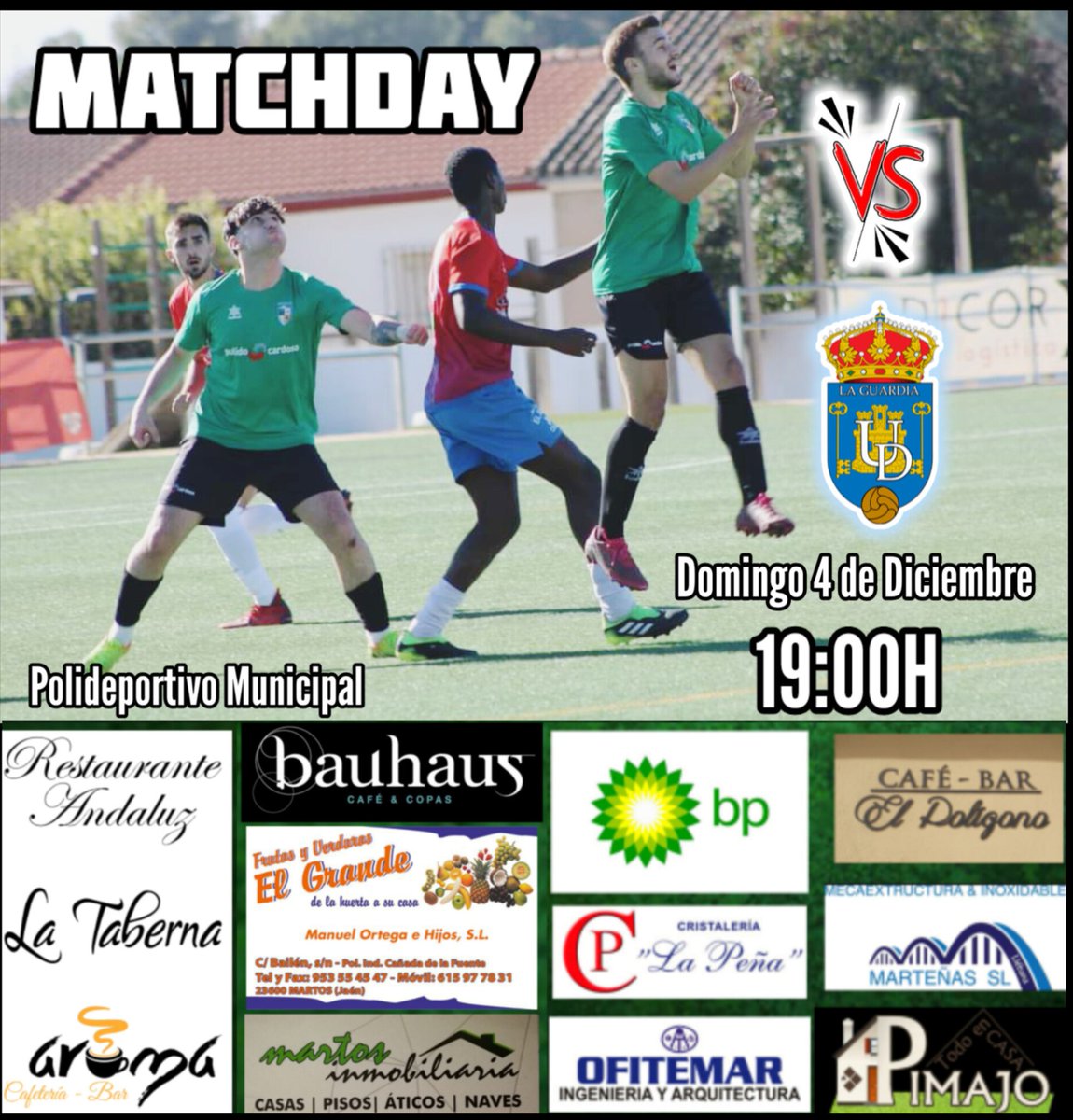CulturalDeport2's tweet photo. 💚🖤 #MATCHDAY⚔️

¡HOY JUEGA EL MARTOS UNIÓN!🤩
⚽💥

🆚 @UDLaGuardia
#Jornada12
🏟️ Polideportivo Municipal 
⏰ 19:00H
#MartosUniónLaGuardia

#VamosMartosUnión 💪 https://t.co/YSU0n5suIv