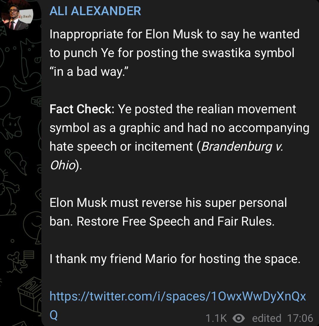 Mgon's tweet photo. “...no accompanying hate speech or incitement (Brandenburg v. Ohio).
@ElonMusk must reverse his super personal ban. Restore #FreeSpeech & #FairRules.
I thank my friend Mario for hosting the space.
https://t.co/GQ21SboflV”
@Ali (#AliAlexander)
2/2 https://t.co/FvZW61LcGA