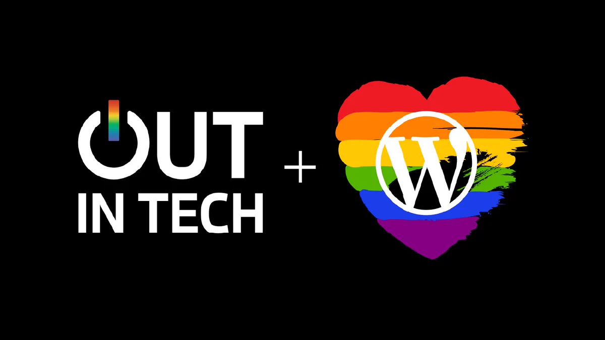 Out in Tech logo + WordPress.com logo on top of a rainbow heart