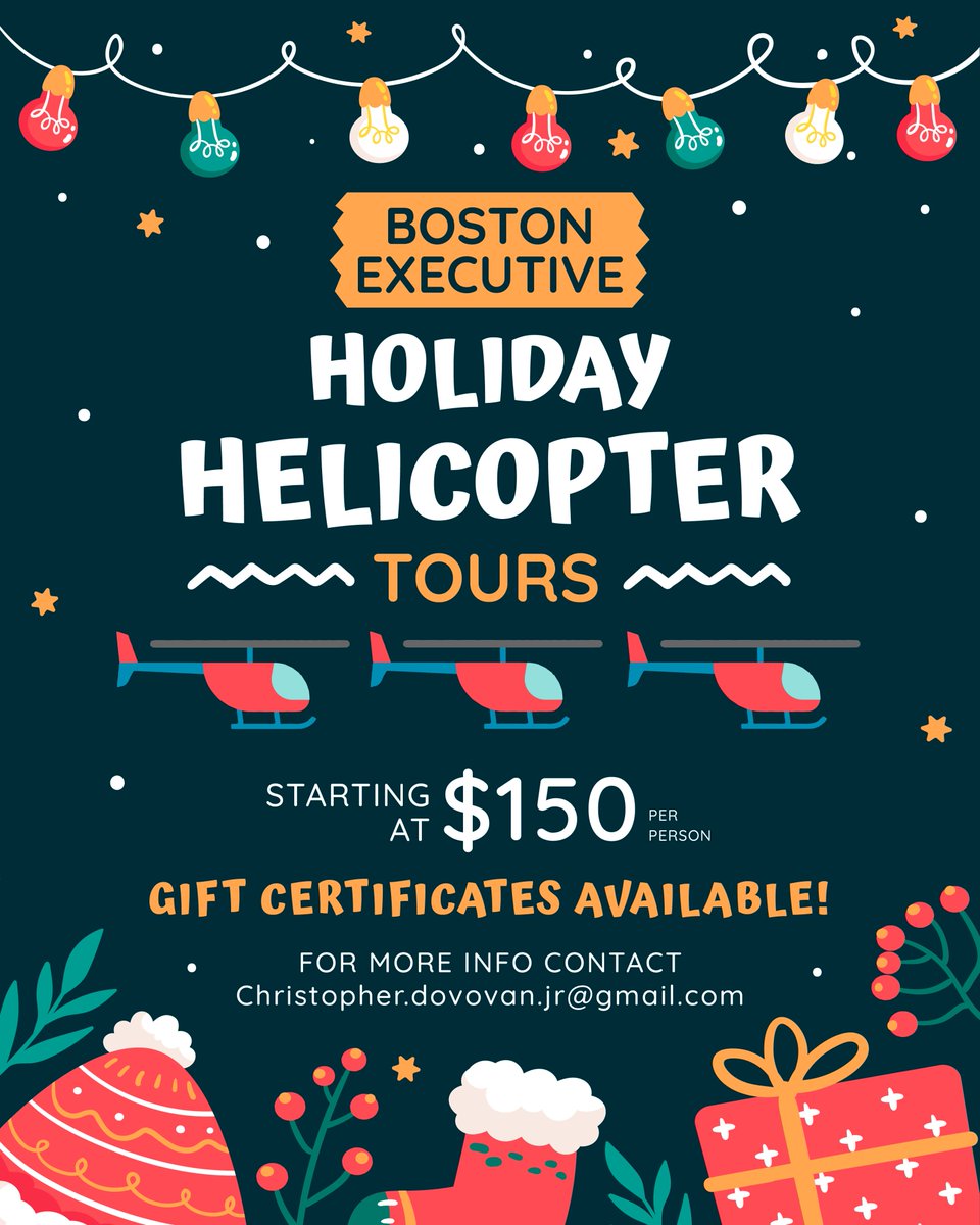 BEHelicopters's tweet photo. Celebrate this holiday season by taking your loved ones on a helicopter tour of Boston!
.
.
#boston #tour #helicopter #tourhelicopter #helicoptertour #bostontour #holidaytour #christmas #christmasgifts #christmasgiftideas #christmasgift #bostonbruins #bostonceltics #bostonredsox https://t.co/ZMPx8m4Swc