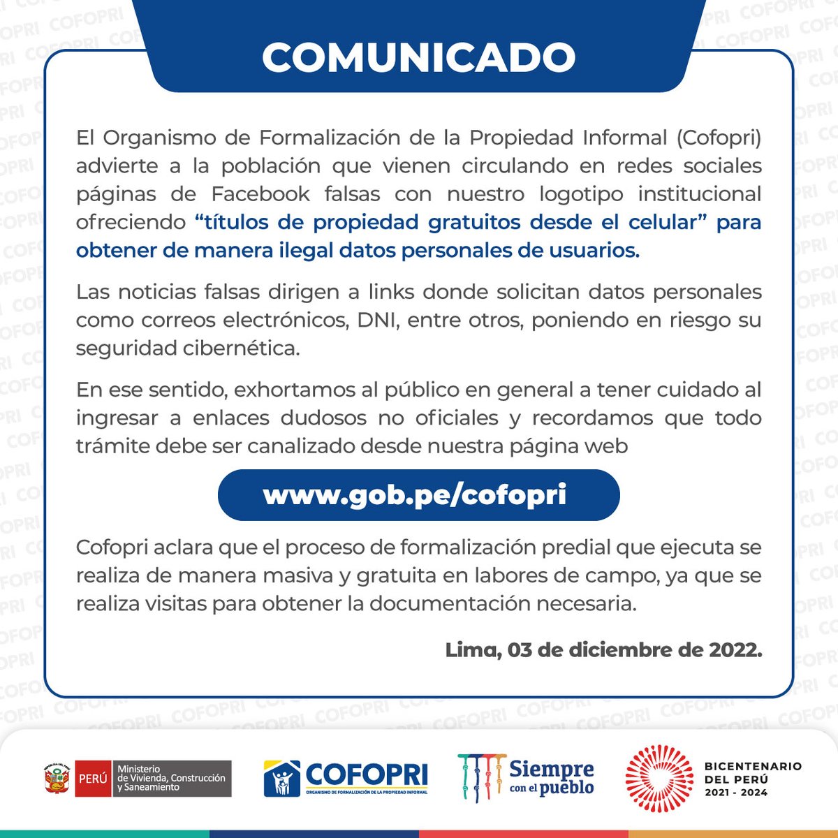CofopriPeru's tweet photo. #Comunicado | Cuidado con redes sociales que recogen datos personales de manera ilegal. No se dejen engañar con falsas noticias de obtención de títulos de propiedad de Cofopri. Todo trámite es desde nuestra página web oficial. https://t.co/dbHQm53tC6