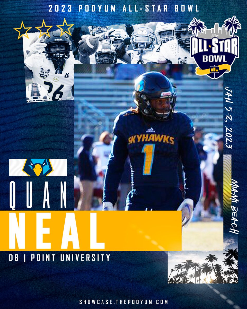 PodyumBowl's tweet photo. 🚨 𝗖𝗢𝗡𝗙𝗜𝗥𝗠𝗘𝗗 🚨

Defensive Back @Quan_Neal8 from @PointFootball has accepted the invitation to compete at the 2023 Podyum All-Star Bowl! See you in Miami!

https://t.co/XTClWkBbll

#EarnYourLevel #CollegeAllStar #FootballShowcase #ProFootball #NFL #CFL #XFL #USFL https://t.co/uHRTMNfu6G