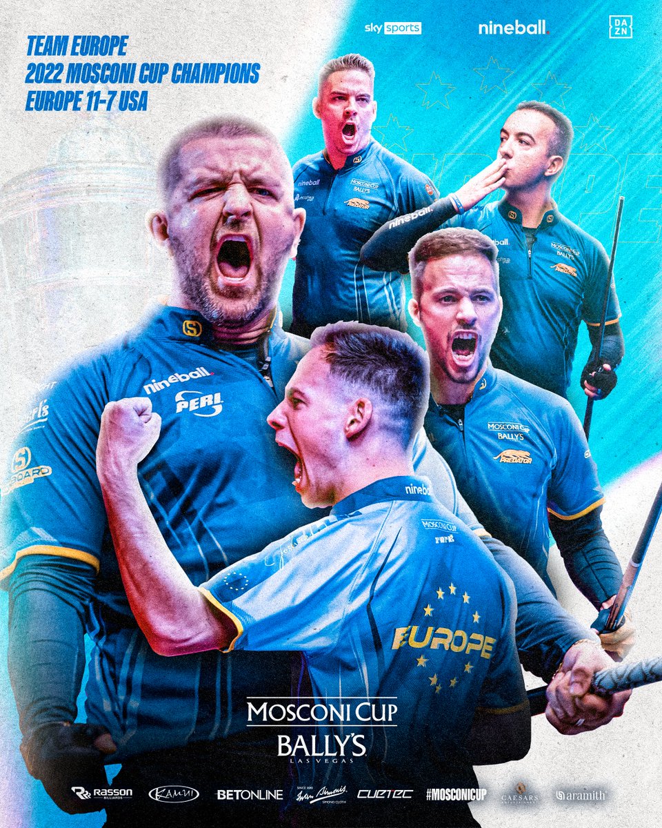 MatchroomPool's tweet photo. 🇪🇺 EUROPE ARE THE MOSCONI CUP CHAMPIONS 🇪🇺

Joshua Filler has beaten Tyler Styer 5-3 to complete the 11-7 victory and third successive Mosconi Cup title for the boys in blue 🏆 🏆 🏆 

#MosconiCup 🇺🇸 🇪🇺 https://t.co/71EKbkeaGx