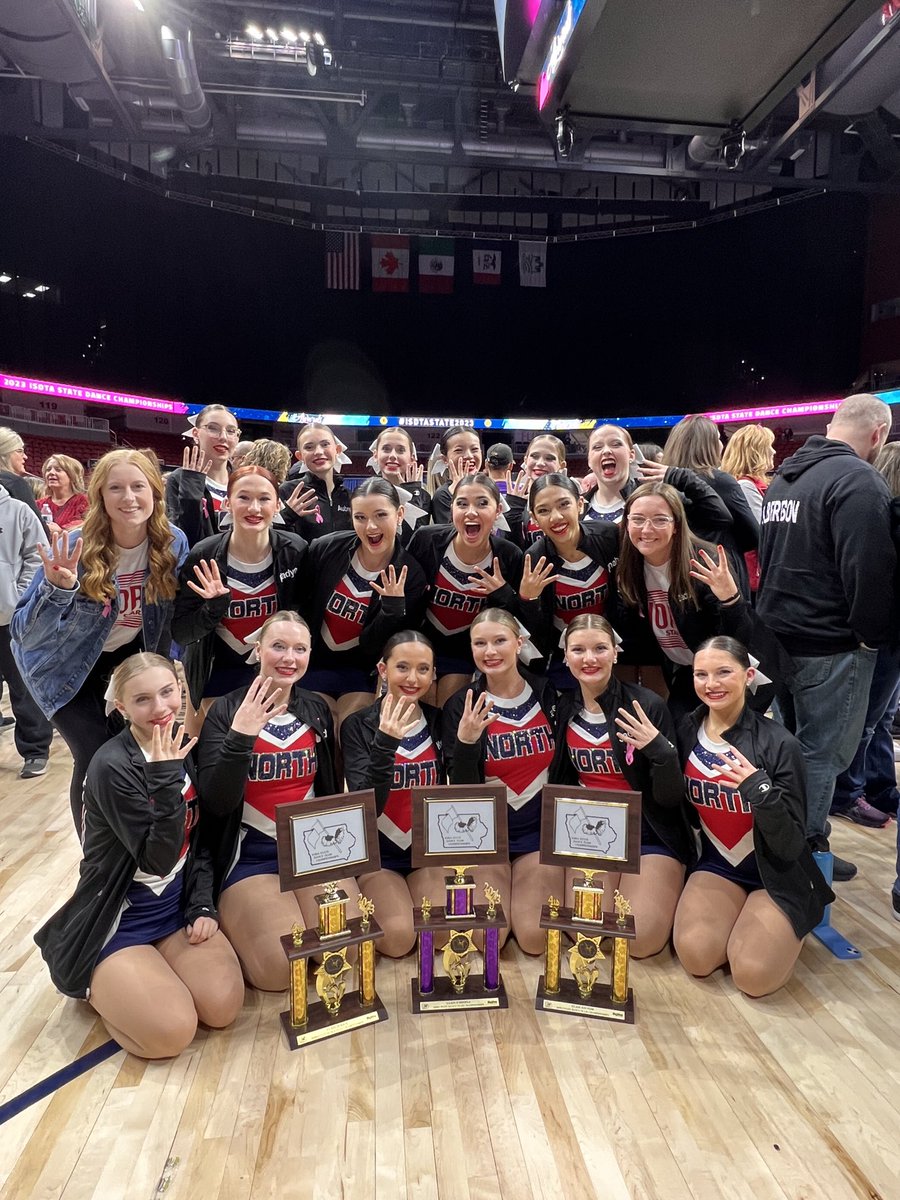 NHS_SCCSD's tweet photo. On Friday, December 2nd, the North Dance Team competed at the State Dance Championships. They left with 3 trophies! 1st place in Hoopla for the FOURTH year in a row, 4th in Kick and 4th in Pom! Great job! https://t.co/xiKT8a2LZl
