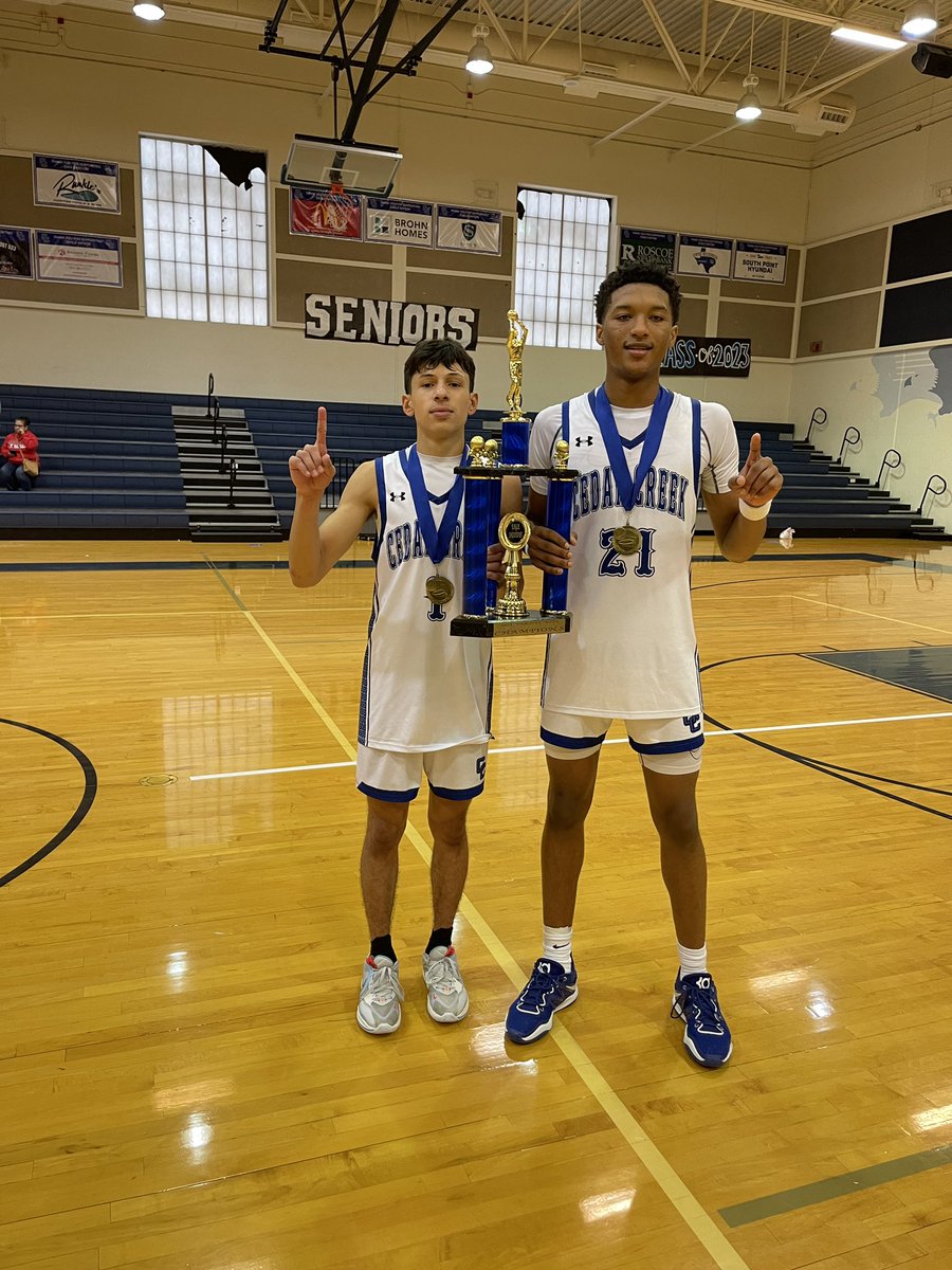 CedarCreekHoops's tweet photo. Robert Conrad &amp; Kenji Franklin take the All Tournament Team medals. Great display of basketball from these two this weekend! @R_conrad3 @kenjifranklin21 @hoopinsider @CedarCreekABC @FlxAtx @BastropISD @ValentinoMaxwe1 https://t.co/bQMdEYosT8
