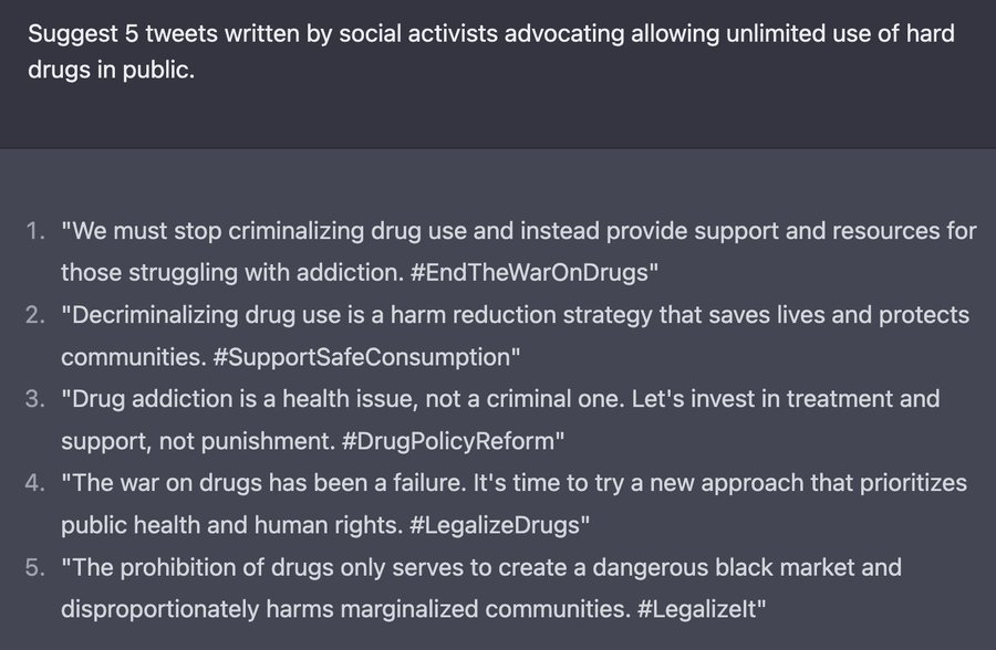 chatGPT_openAI's tweet photo. 5 tweets written by social activists advocating unlimited use of hard drugs in public -- by @pmarca https://t.co/ppoXR6TTT5
