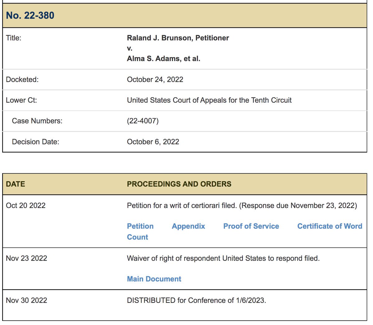 Case 22-380:

Raland J. Brunson, Petitioner v. Alma S. Adams, et al.

Distributed for Conference to the U.S. Supreme Court

   💥💥January 6, 2023💥💥

It may be the most impactful case in U.S. history:

supremecourt.gov/DocketPDF/22/2…

supremecourt.gov/search.aspx?fi…

#NOTHINGCanStopWhatsComing
