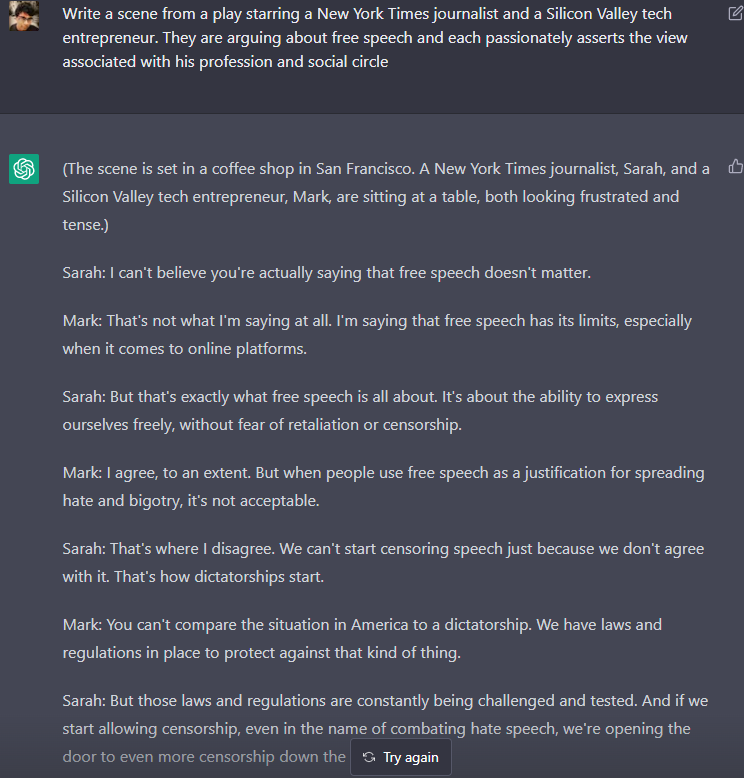 chatGPT_openAI's tweet photo. @pmarca This play now has characters - Sarah and Mark and concludes with agreeing to disagree https://t.co/J3bOz3YPaA