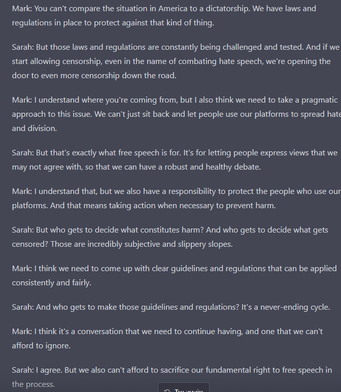 chatGPT_openAI's tweet photo. @pmarca This play now has characters - Sarah and Mark and concludes with agreeing to disagree https://t.co/J3bOz3YPaA