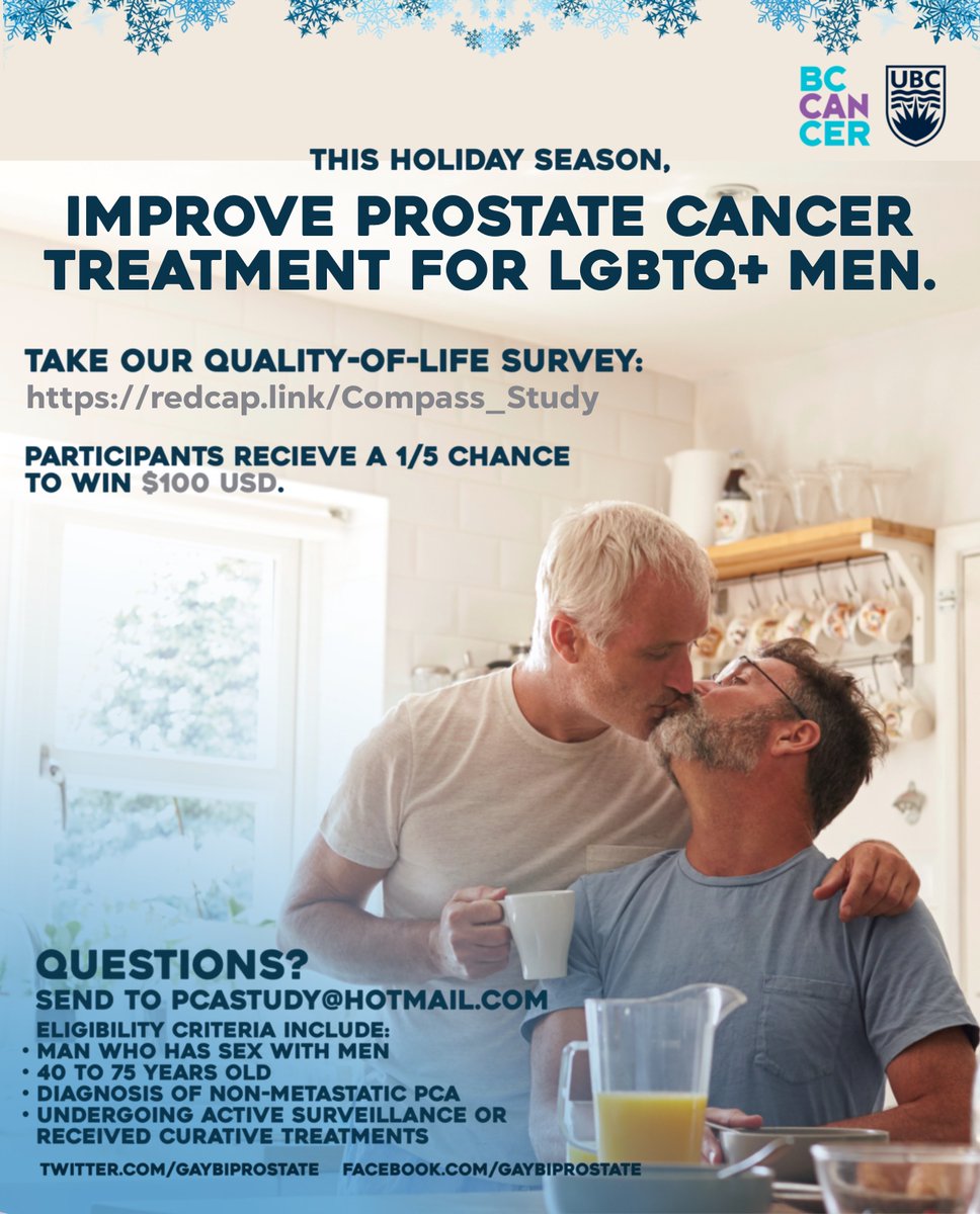 GayBiProstate's tweet image. This holiday season, give the gift of #healthcare #equity.💙❄️

Help our team at @BCCancer and @UBC improve #ProstateCancer treatment for ALL men. 

Take our quality-of-life survey &amp;amp; be entered to win $100 USD: redcap.link/Compass_Study
*Participant eligibility info in image below*
