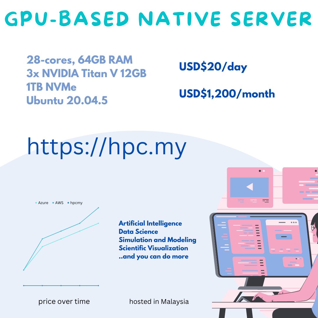 twistcode's tweet image. We know inflation rates are high. And we lowered the price, with same specs. Great for data scientist, AI engineer, normal engineer, and old-school scientists that need lots of compute power. hpc.my

#gpu #cuda #HPC #supercomputer #CloudComputing #mydigital