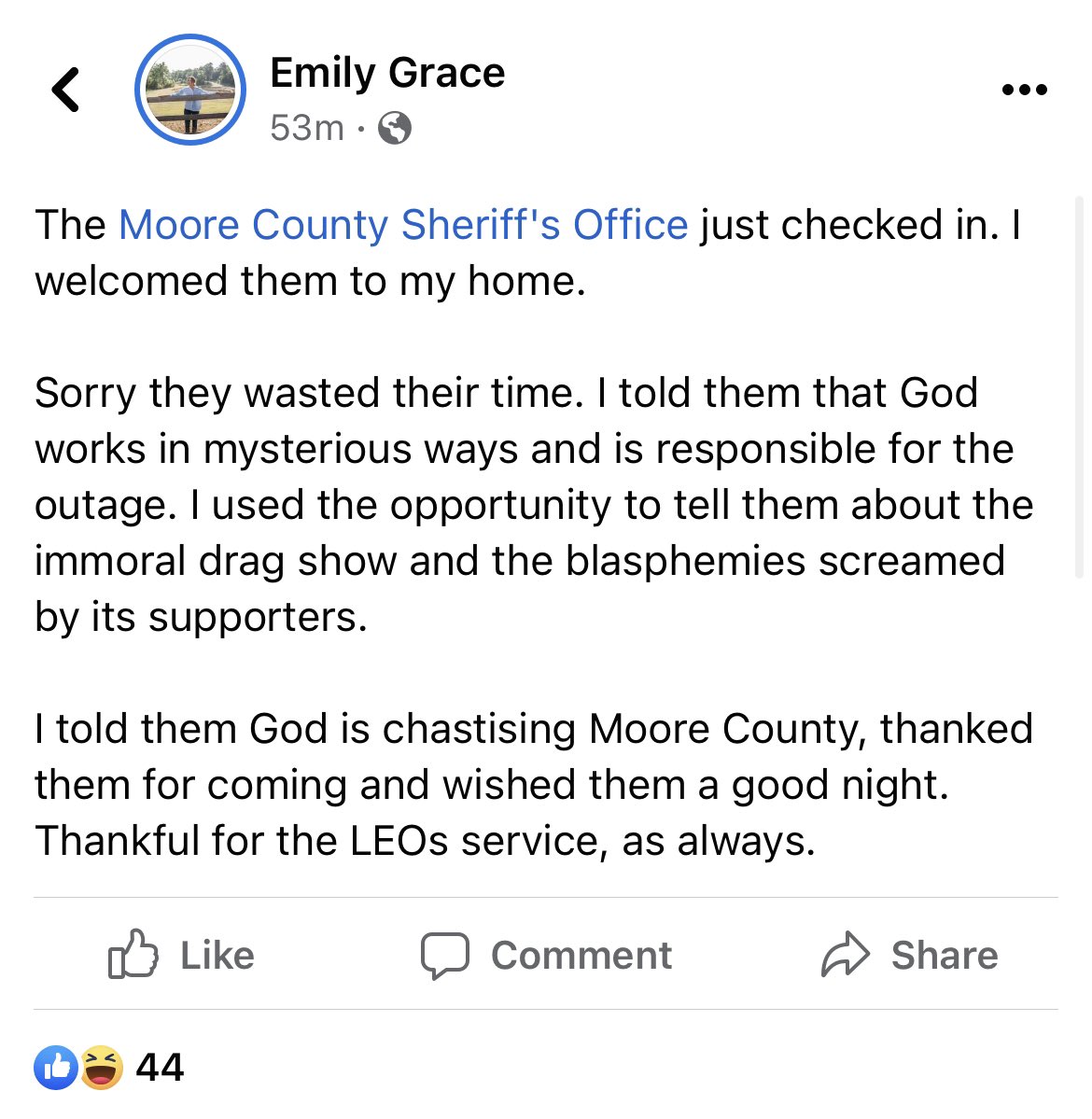 Here’s Rainey’s update on being visited by the Moore County Sheriff’s Office after her post referencing the attack.