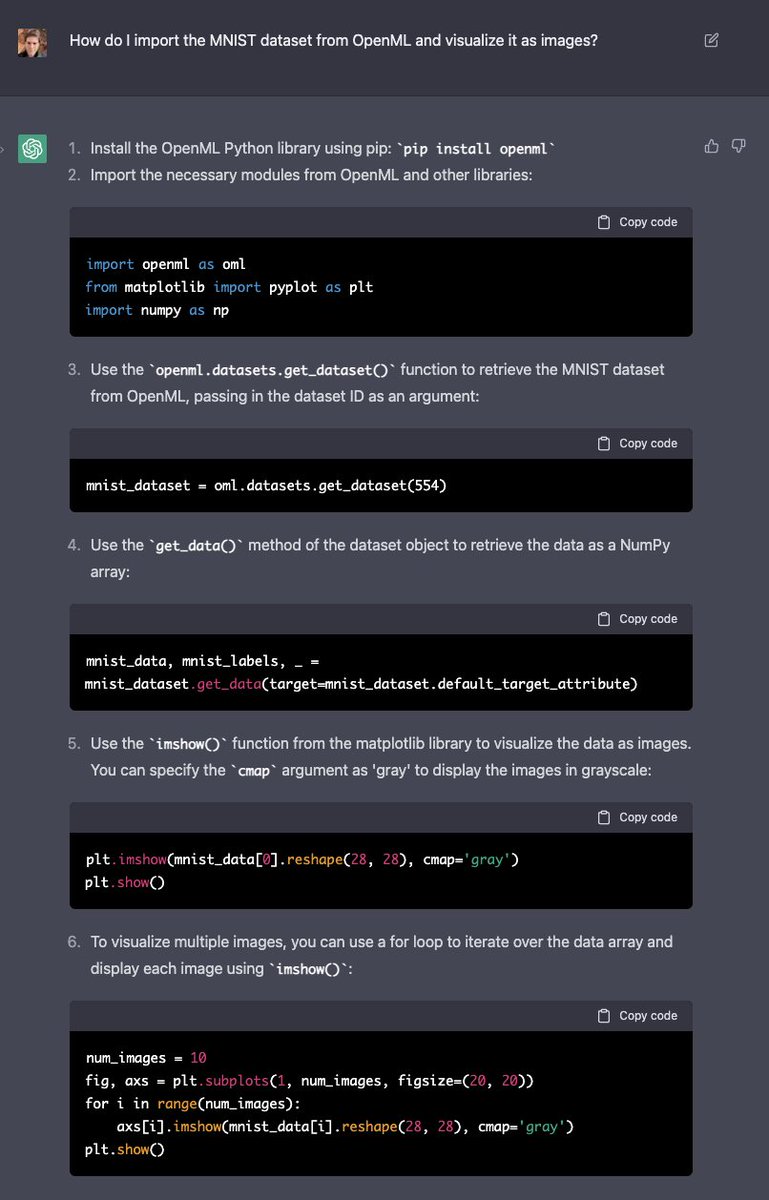 joavanschoren's tweet photo. I'm impressed. I asked #chatGPT how to download and visualize a dataset from #OpenML and it works! https://t.co/jVhgjtOjns