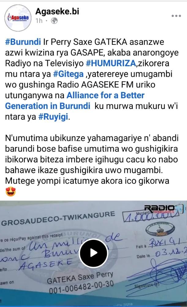 NTIRAMPEBAGerv6's tweet photo. Au nom de l,association ABG  Burundi asbl et en mon nom je présente  mes sincères  remerciements à  Ir Gateka Perry Saxe directeur et le patron de HUMURIZA FM ,Gasape SN ,pour sa contribution au projet  Agaseke FM en cours d,exécution  à @RuyigiProvince https://t.co/f3SGttuLFh