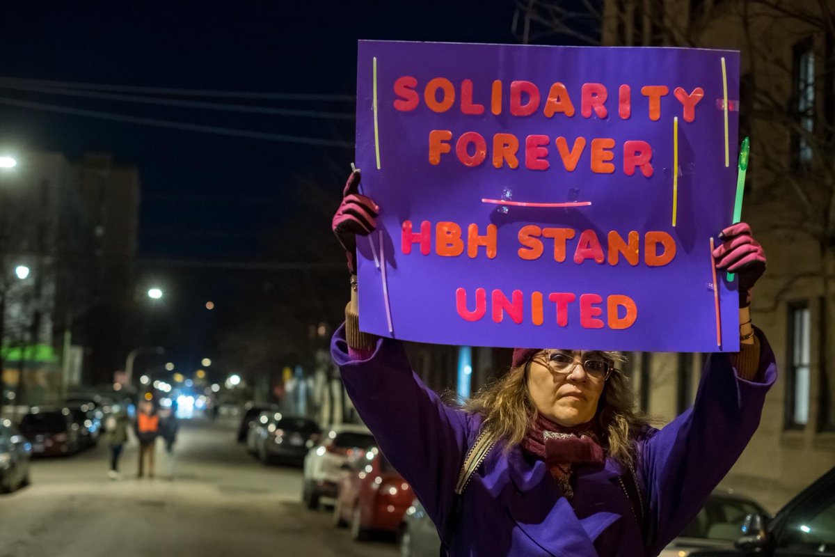 sarahdashji's tweet photo. Today @HBHWorkers rallied and protested the proposed layoff of over 100 employees by @howardbrownhc. They demanded #HBHNoLayoffs and that management #ChopFromTheTop instead of from #EssentialNotDisposable workers who provide vital services to Chicago’s LQBTQIA+ community. https://t.co/8cGirKEWQz