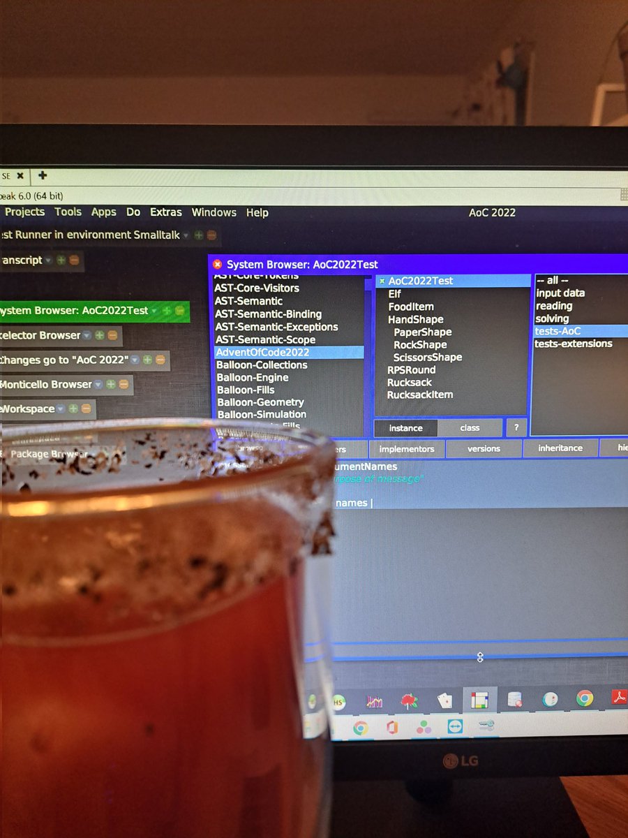 WebWhoever's tweet image. Bloody Caesar in hand, Squeak Smalltalk 6.0 up & running, I'm waiting for 00:00:01 !!!
#AdventOfCode
#AdventOfCode2022 
#AOC2022
#programming 
#squeak
#smalltalk