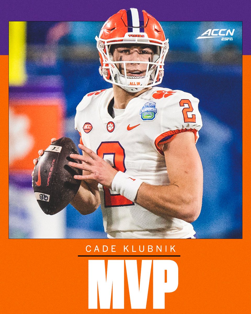 accnetwork's tweet image. 🗣️ MVP MVP MVP 🏆 

@CadeKlubnikQB | @ClemsonFB
