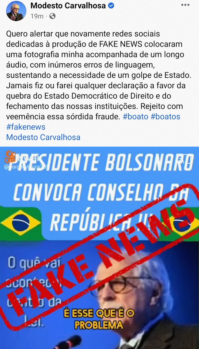 É com a maior indignação que constato, mais uma vez, o uso de meu nome e imagem para a difusão de mensagens antidemocráticas.
Trata-se de FAKE NEWS a que todos nós estamos sujeitos neste mundo de mentiras fabricadas em massa. #fakenews #boato #boatos
facebook.com/modestocarvalh…