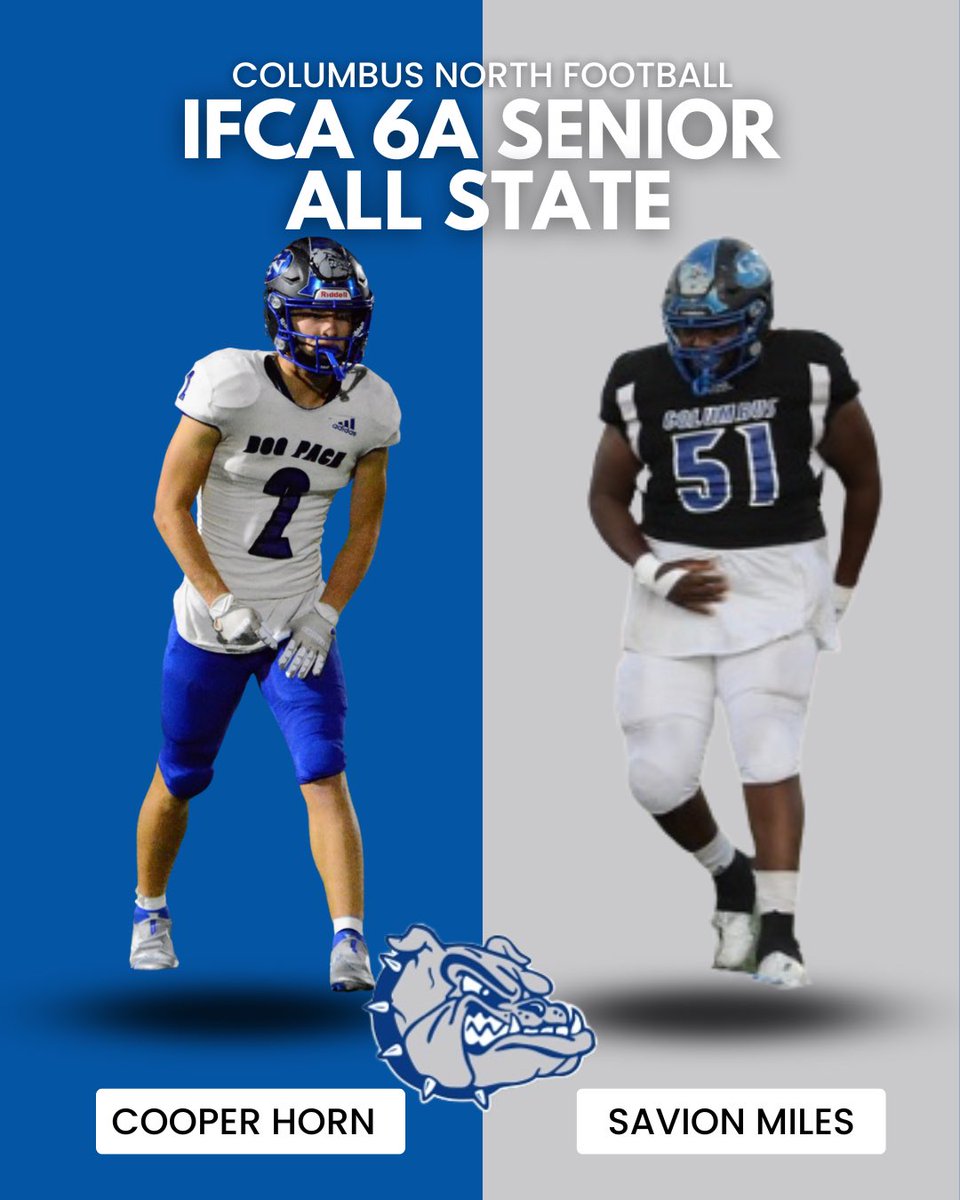 Congratulations to Bull Dogs Cooper Horn and Savion Miles for their selection to the IFCA 6A Senior All State Team! 

#ONE | #DogPack | #Tradition