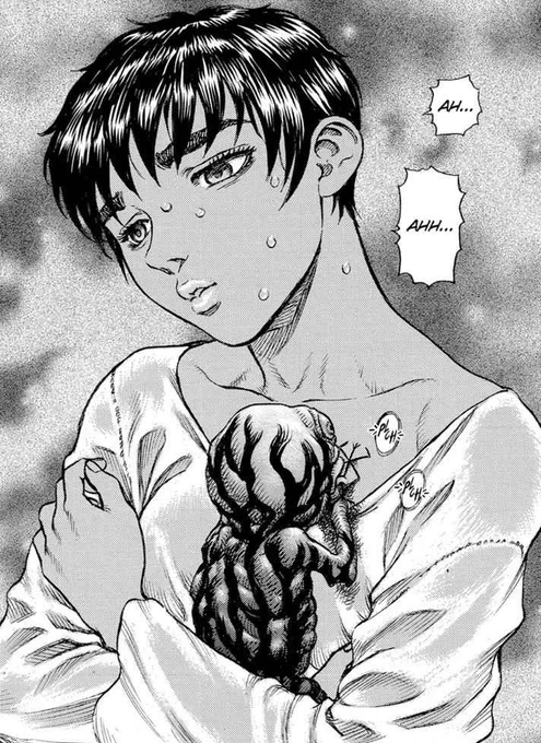 Oh the whole demon baby thing is fucked up, whole thing is a parallel to Guts birth being the literal demon child that Guts was always made out to be, plus Guts taking the role of Gambino is this is... Oof 