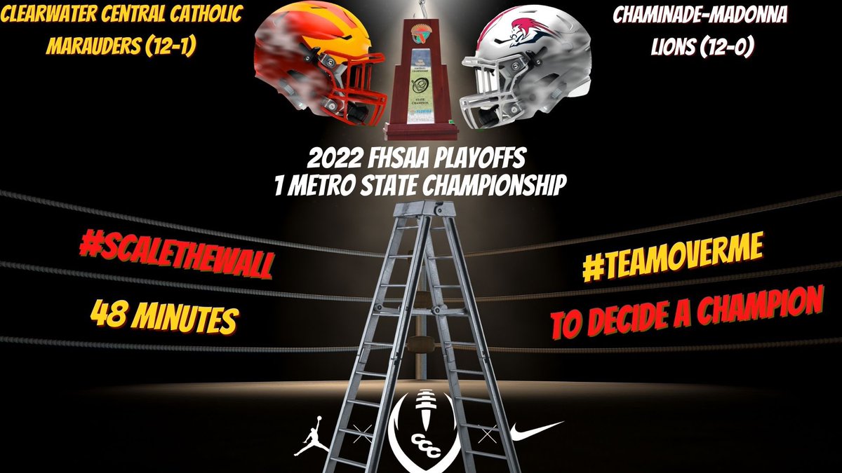 Bub_T82783's tweet photo. FHSSA 1 Metro State Championship @CCCMaraudersFB vs @ Chaminade-Madonna #maruaders #lions #48minutestodetermineachampion #FHSAA #playoffs #regionalchamps #final4 @CoachCHarvey @CCCMarauders @PinellasHSMedia @FHSAA #scalethewall #teamoverme #prepfb Good Luck to all!! 🏈 https://t.co/U3aK24iGU0