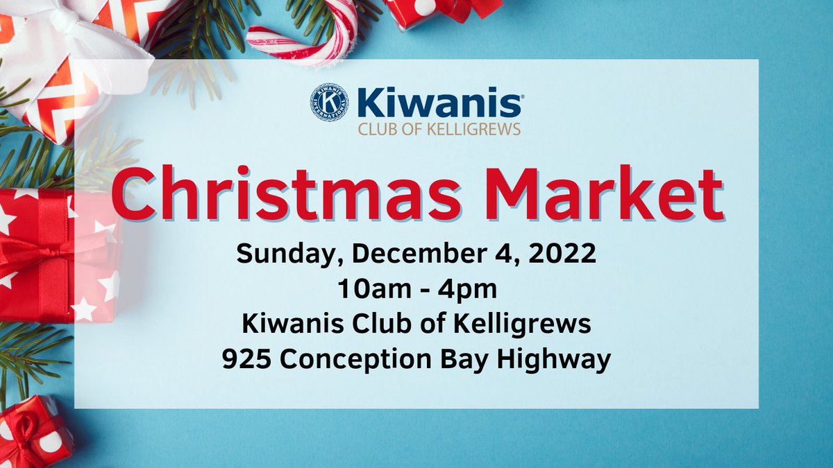 Join us the at Kiwanis Club tomorrow from 10am-4pm for our Christmas Market. Free admission but accepting donations for the food bank. 50/50 draw and tickets on a Christmas hamper. 
<a href="/TownofCBS/">Conception Bay South</a> 
#Christmas #supportlocal