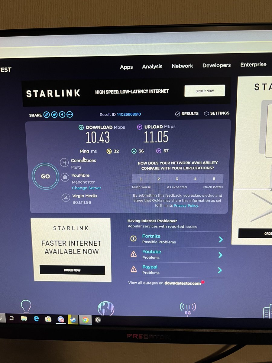 Freeman89S's tweet photo. @virginmedia unacceptable internet speeds, I’m paying for 200mbps download and these are the speeds I’ve been getting for the past week, I’ve had enough. I’ve done the usual turn it off and on, bought a new Ethernet cable which is definitely fast enough. I need this for work. https://t.co/MwJaSuLnhd