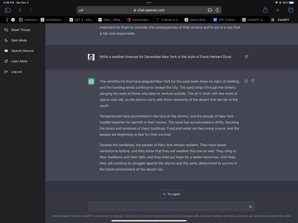 Oh wow, ChatGPT is taking the world by storm. I’ve trying it with coding prompts or just funny prompts - see below. I’m amazed. Imagine all the applications…