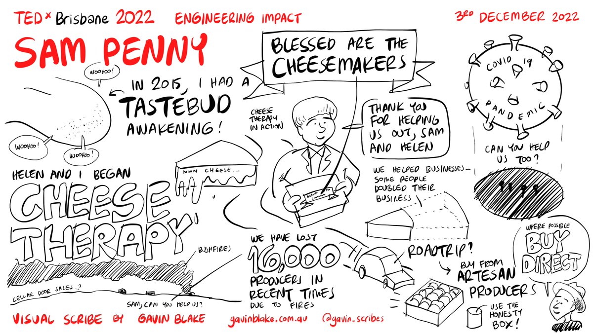 gavin_scribes's tweet image. Bushfires killing your business? No worries. Sam Penny of @CheeseTherapy to the rescue! Covid supply chain worries? Same :) #tedxbrisbane #engineeringimpact #tedtalks #tedx  @tedx #cheese #farming #bushfires @TEDxBrisbane