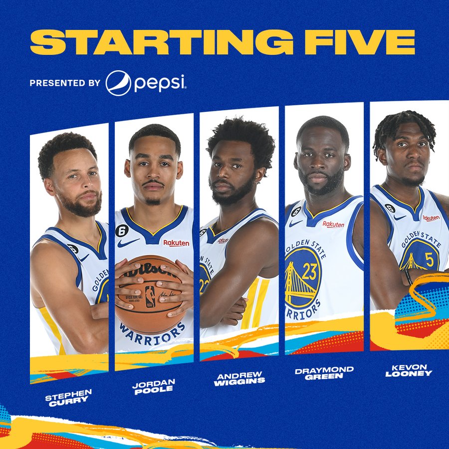 Starters photo: Stephen Curry, Jordan Poole, Andrew Wiggins, Draymond Green, Kevon Looney