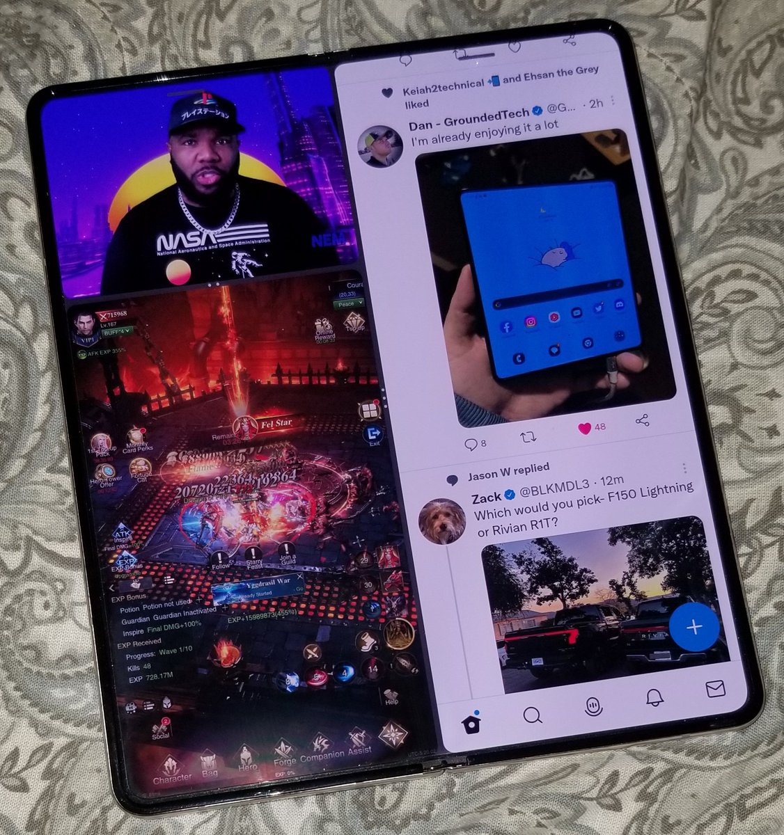 alionlikemane's tweet photo. @GroundedTech Glad you're enjoying it!

I'm over here catchin' up on @NemRaps vids, auto-running my daily quests in #LostEra all the while I'm on Twitter talkin' tech with everyone... and comfortably! ... on something that fits in my damn pocket 💪🏾🔥 https://t.co/63bAq3PxJV