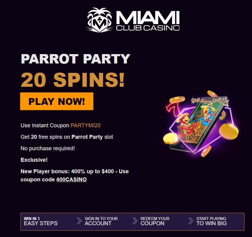 NewFreeSlotGame's tweet photo. Miami Club Casino: 20 Free Spin NO DEPOSIT BONUS on #ParrotParty @ https://t.co/vRRoE0Zx0L REAL MONEY  #MiamiClubCasino #MiamiClub #Casino #NoDepositBonus #FreeChips #NDB #gambling #betting #bet #casino #win #bettingonline #gamble #Fun #onlinecasino #gambler #winning #gaming https://t.co/YBPjahTtf8