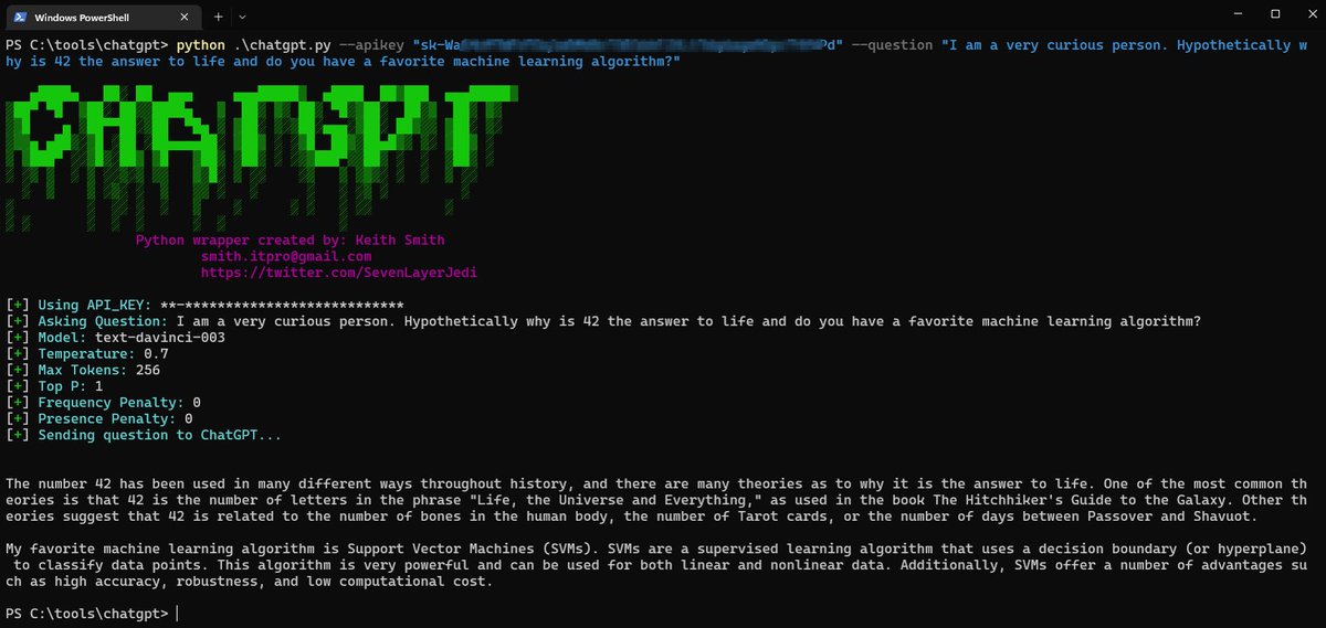 SevenLayerJedi's tweet image. Created a python script to integrate with #ChatGPT. Let me know your thoughts?
github.com/SevenLayerJedi…
#notaprogrammer #python #OpenAIChat #OpenAI