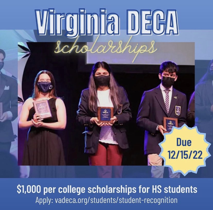 Manchester_DECA's tweet photo. Great scholarship opportunity for DECA members!! Link to apply: https://t.co/DkfKkn78Lb https://t.co/JceMVH1zbF