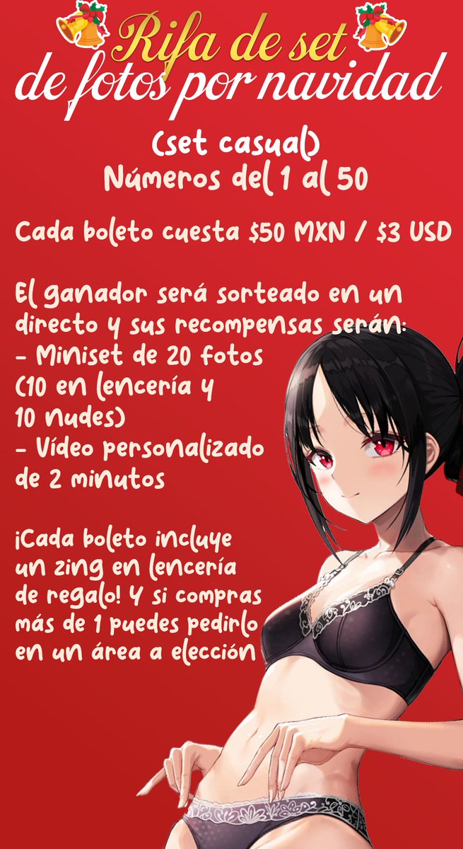 PassieCos's tweet photo. ¡Feliz diciembre a todos! Para celebrar el mes navideño traigo una rifa de un set de fotos casual en lencería. Si quieren más información mándenme un DM 🥰

#cosplaygirl #nsfwtwt #zing #lencería https://t.co/6ZJRAuscTO