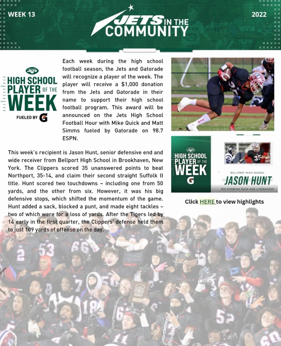 What an honor to be named HS Player Of The Week by <a href="/NYJetsPR/">NYJ Communications</a> and <a href="/Gatorade/">Gatorade</a>! Couldn't have done it without my <a href="/Bellportfb/">Bellport HS Football</a> team. Thank you!!
<a href="/987espnNY/">ESPN 98.7 FM NY</a> <a href="/jared_valluzzi/">Jared Valluzzi</a> <a href="/KyleMoodt/">CoachKyleMoodt</a> <a href="/BellportAthlet1/">Bellport Athletics</a>