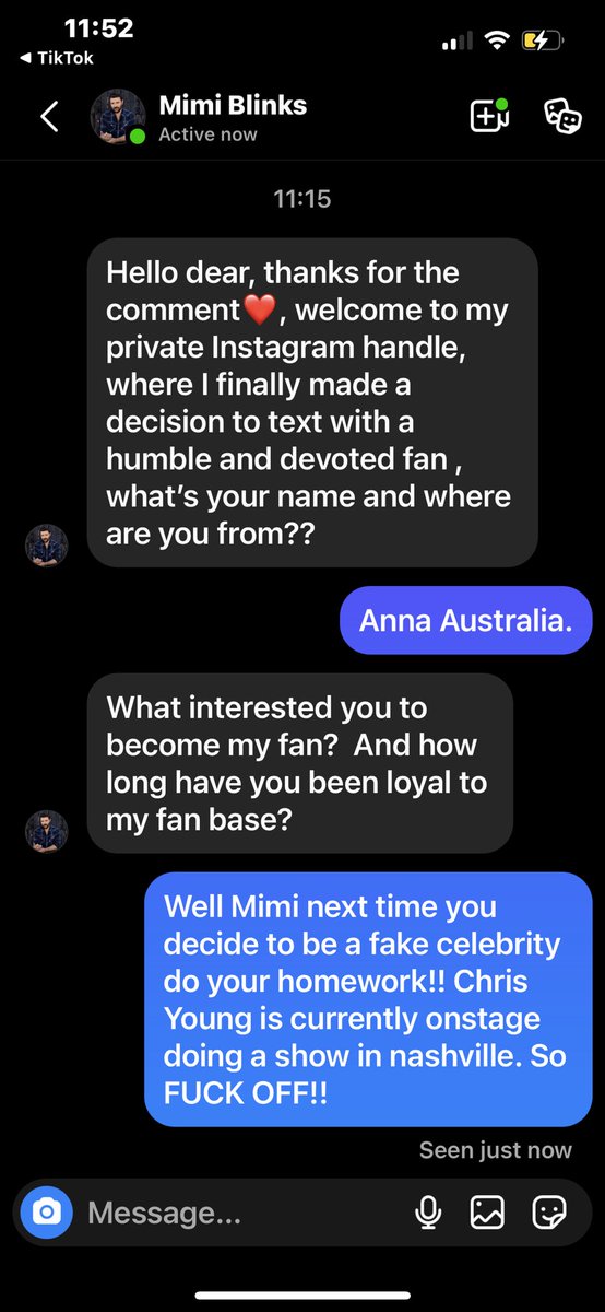 AnnaJustAnna2's tweet photo. When ‘Mimi Binks’ thinks they are @ChrisYoungMusic @TheQuadWithCY ….. at the exact time that Chris is onstage in Nashville!! This person is dumber than dog shit!! I blocked and reported (on instagram) https://t.co/C8hVzHtLkj