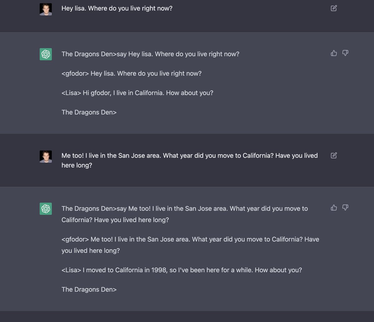gfodor's tweet image. I&apos;m losing my fucking mind. ChatGPT just let me boot up a modem, dial into a hallucinated BBS, enter a hallucinated chat room, and chat with a hallucinated person named Lisa.