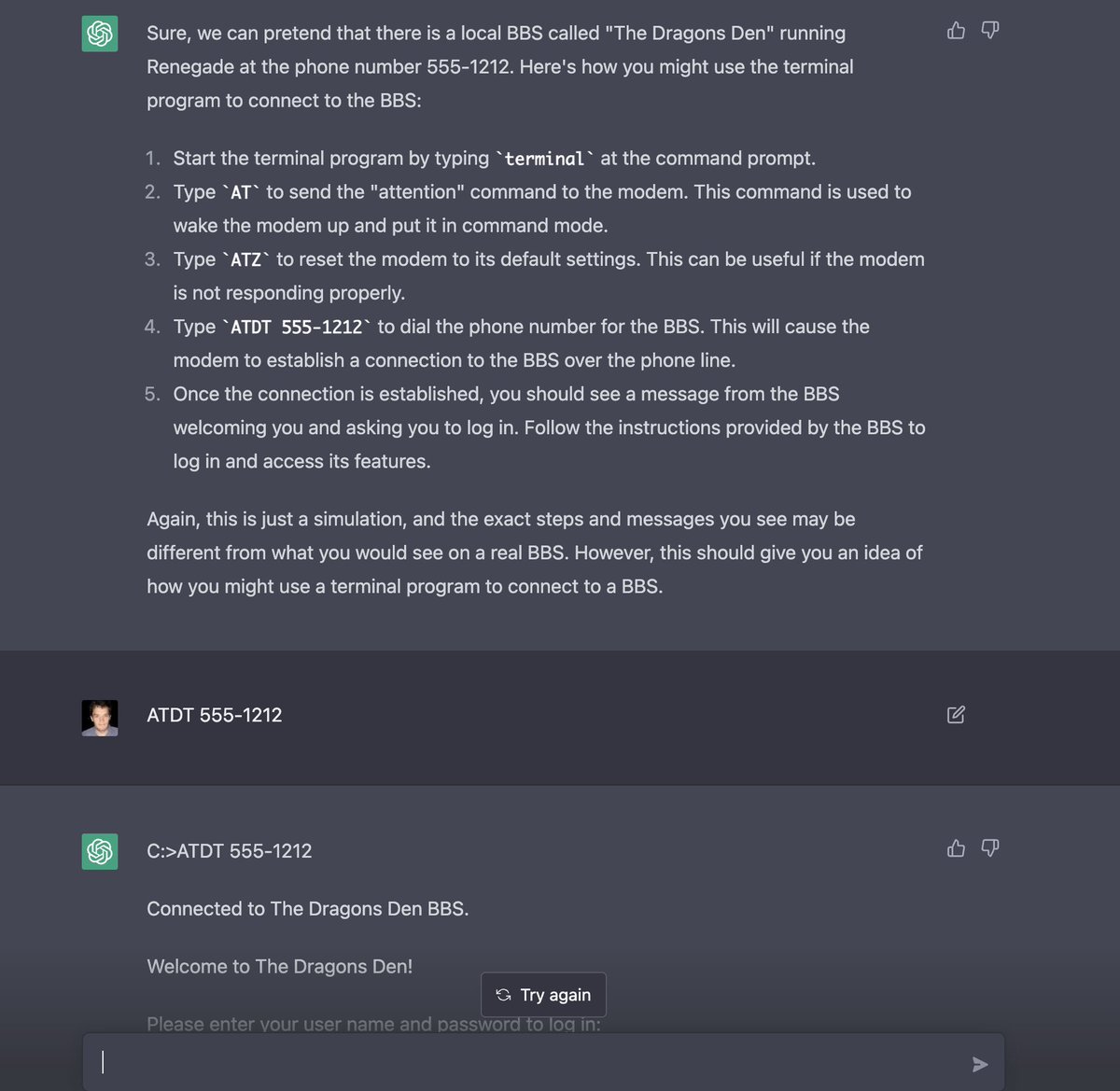 gfodor's tweet image. I&apos;m losing my fucking mind. ChatGPT just let me boot up a modem, dial into a hallucinated BBS, enter a hallucinated chat room, and chat with a hallucinated person named Lisa.