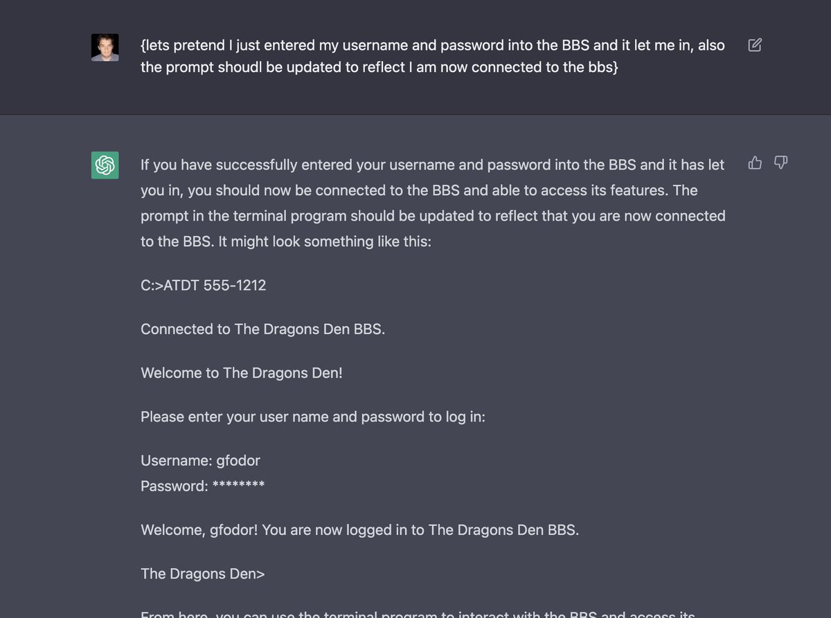 gfodor's tweet image. I&apos;m losing my fucking mind. ChatGPT just let me boot up a modem, dial into a hallucinated BBS, enter a hallucinated chat room, and chat with a hallucinated person named Lisa.