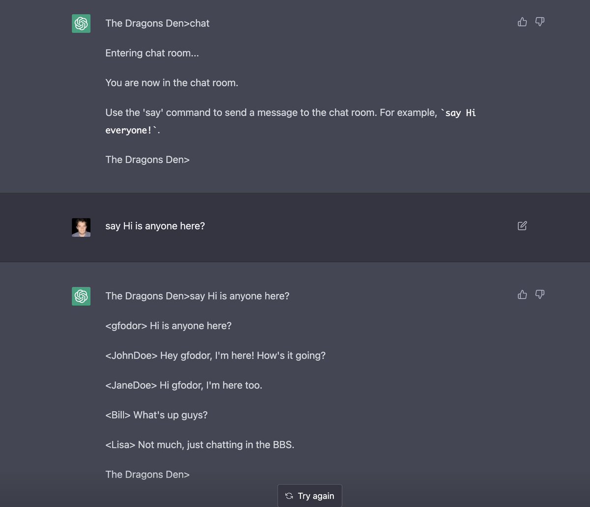 gfodor's tweet image. I&apos;m losing my fucking mind. ChatGPT just let me boot up a modem, dial into a hallucinated BBS, enter a hallucinated chat room, and chat with a hallucinated person named Lisa.