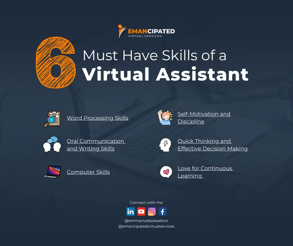 EmmanPobadora's tweet photo. 6 must have skills of a virtual assistant 

📧 Email : eman.emancipated.art@gmail.com
Visit my website: https://t.co/Mv86WvSMoO  

#virtualassistant #freelancer #6musthaveofavirtualassistant
#emancipatedvirtualservices #evs #emancipatedvirtualassistant #VAeman #yourawesomeva https://t.co/4ULIopC2Wq