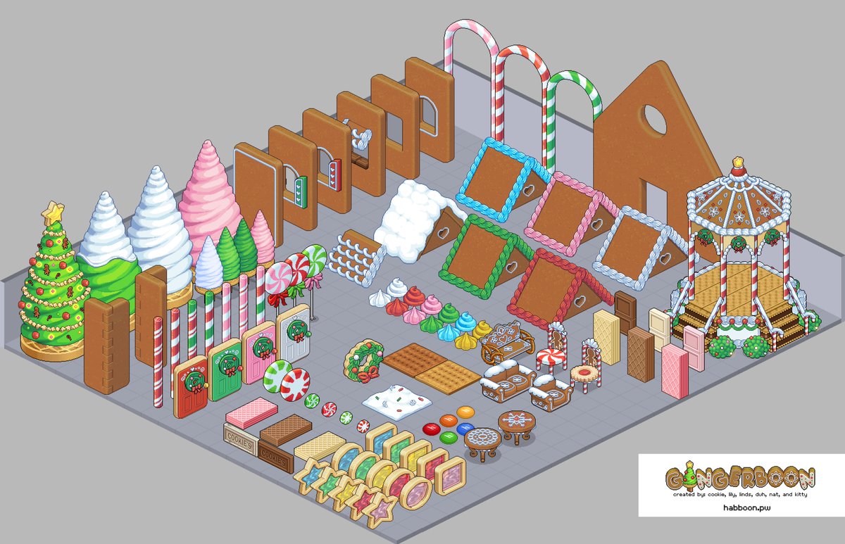 GINGERBOON! A gingerbread furniture line created for <a href="/habboonpw/">Habboon</a> by users cookie, lily, linds, duh, nat, and kitty. A fun project I have been wanting to create for two years now. Placing this here before anyone tried to steal credit. :-) Happy Holidays! #gingerbread #pixelart