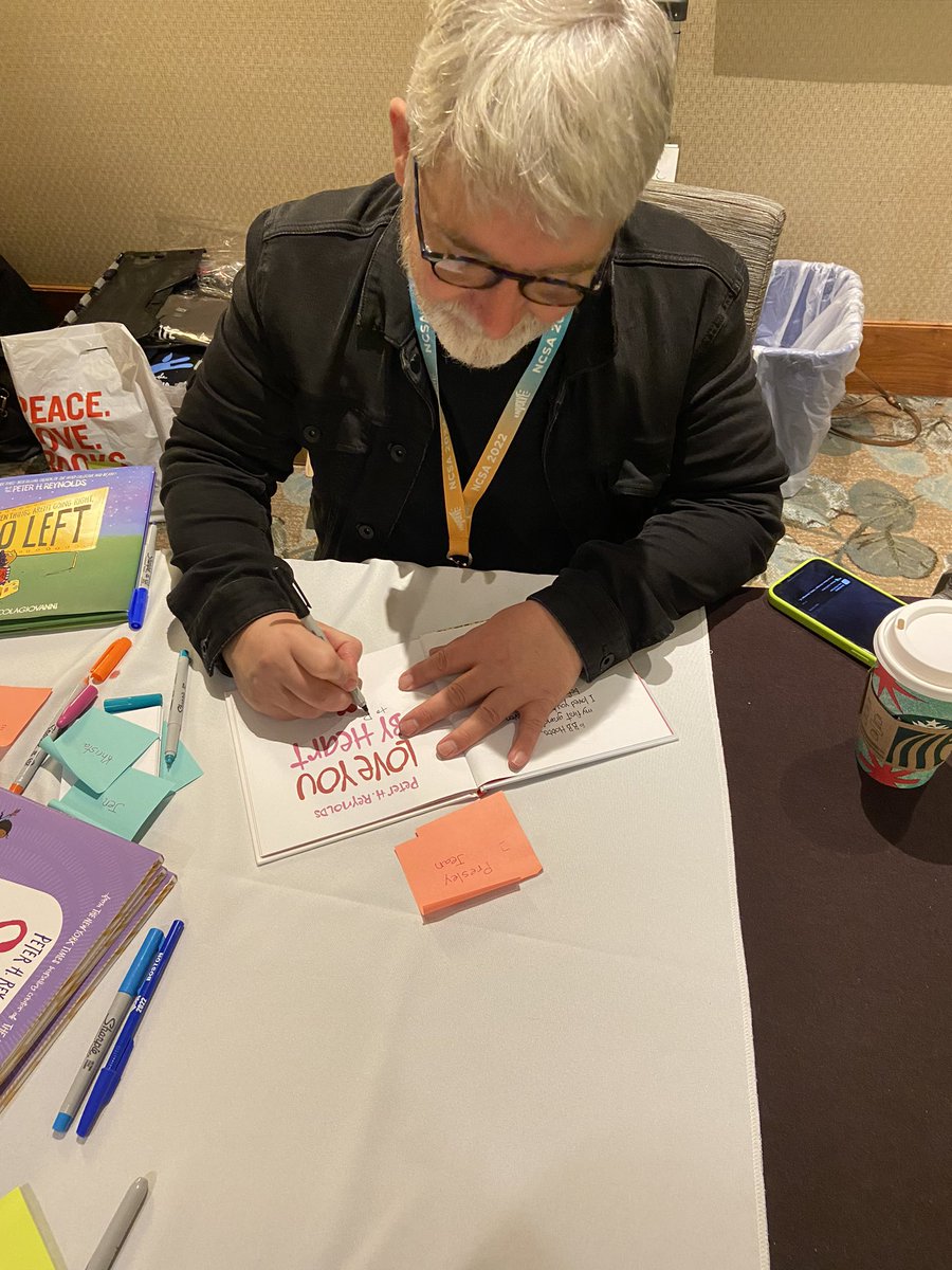 MrsBMcCormick's tweet photo. Highlight of this conference was hands down meeting @peterhreynolds and having him sign a book for my sweet girl back home! 💗 Thank you #NCSA2022 for all of the fellowship, collaboration, inspiration, and invigoration. I needed this! https://t.co/1r1VLUHNa9