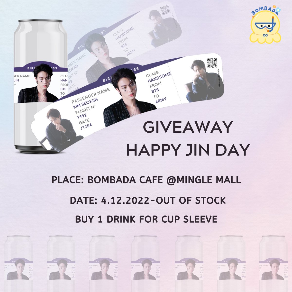 bombada_cafe's tweet photo. 🍋GIVEAWAY🍋
✨ซื้อ 1 เครื่องดื่ม/ Cup Sleeve 1 ชิ้น✨
📍BOMBADA CAFE 
(Mingle Mall ม.กรุงเทพ)
☀️4 December-Out of stock
🕝11.30-21.30 hrs.
🌙มีจำนวนจำกัดนะคะ🌙
#HappyJINday #TheAstronautDay
#VocalKingJin 
#OurEternalLoveJin 
#ShiningMoonJin 
#NoOneElseButJin 
#ForeverBoyJin https://t.co/6NAfcsmE52