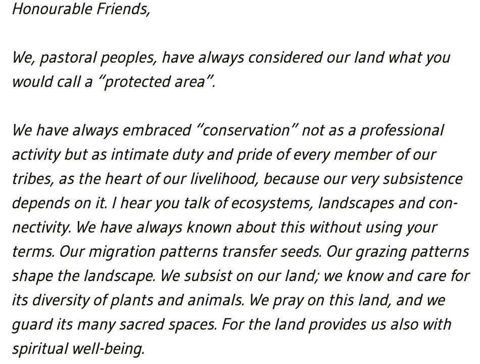 Found this from <a href="/IlseKohler/">Ilse Köhler-Rollefson</a> new book "Hoofprints on the Land": quote from Iranian pastoralist Uncle Sayyaad addressing "protected areas" and "conservation".
cenesta.org/en/2003/09/09/…