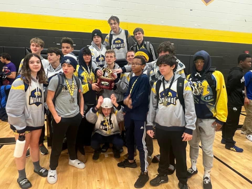 WrestlinMonroe's tweet photo. I am very proud today for Monroe Varsity Wrestling Team. We finished first at our first tournament of the season. #ThriveInTheHive https://t.co/tLLqiW5te4