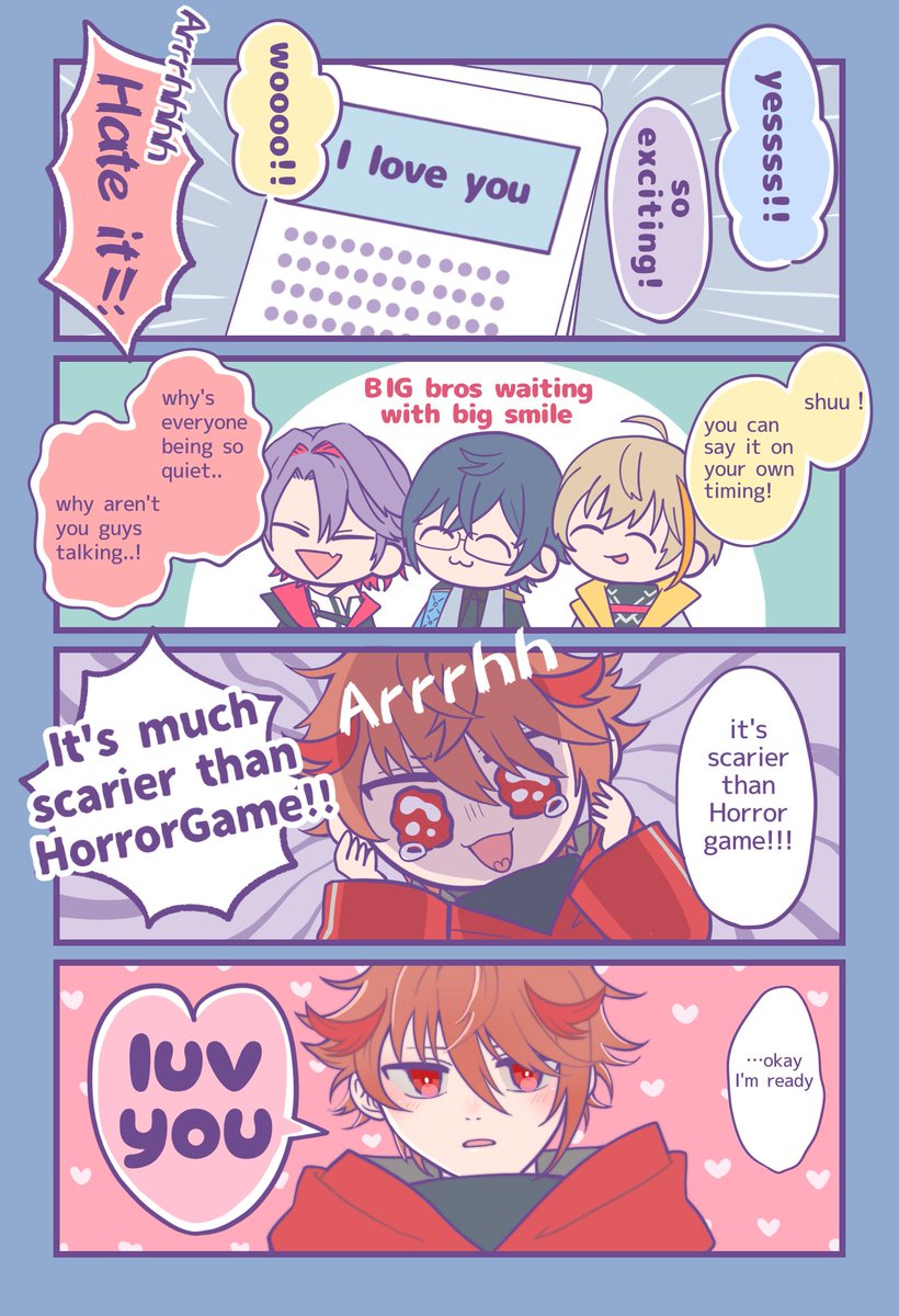 Eng ver manga of when VOLTACTION members played card game where Seraph had to say " love you " which was super cute( ˇωˇ )

#ふうらーと 
#わたらいらすと 
#四季彩画 
#SeraPic 
#VOLTA展 